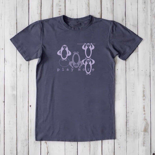 Men's Play T-Shirt in bamboo & organic cotton in navy blue featuring whimsical penguin design and 'Play More' slogan, fun gift for him.