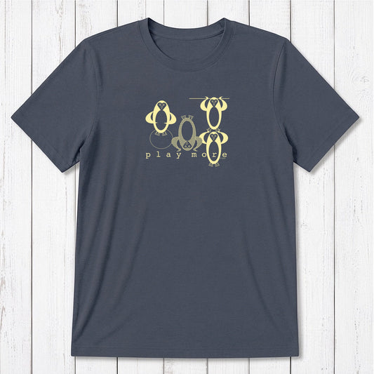 Men's Play T-Shirt in bamboo & organic cotton in navy blue featuring whimsical penguin design and 'Play More' slogan, fun gift for him.