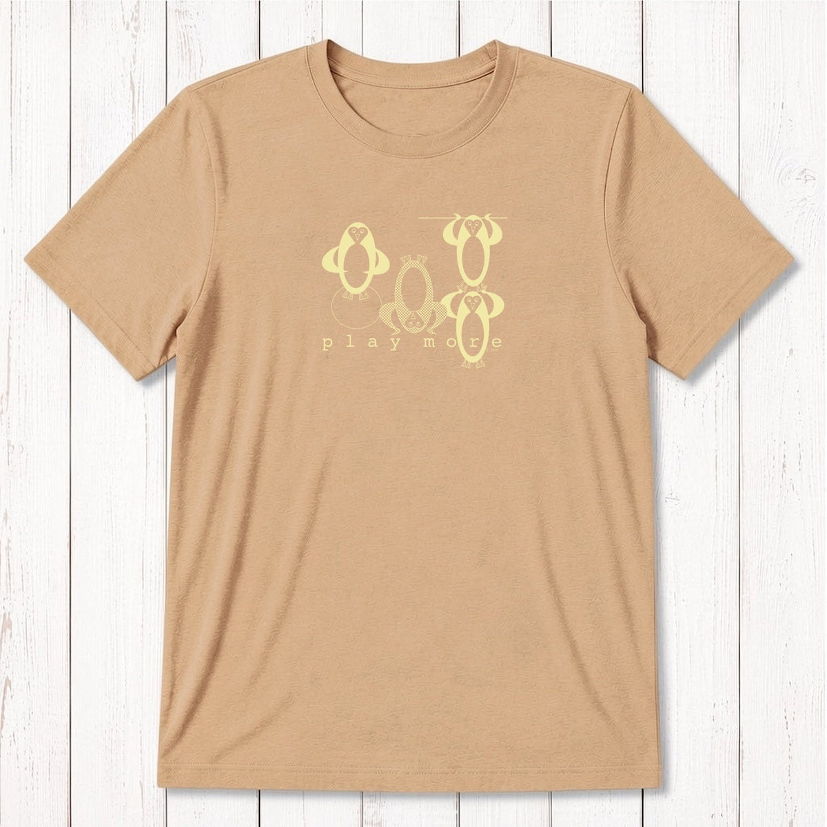 Men's Play T-Shirt in bamboo & organic cotton in mustard yellow with light penguin illustration and 'Play More' slogan, relaxed fit gift tee.