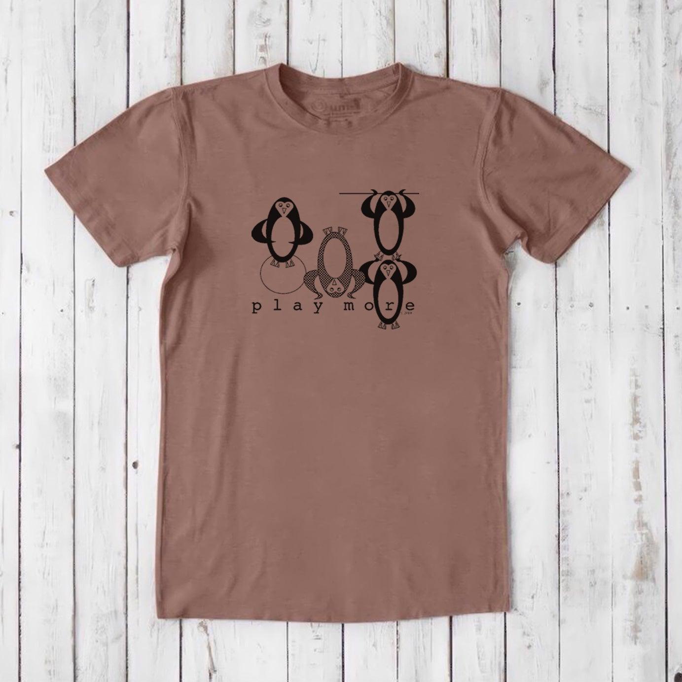 Men's Play T-Shirt in bamboo & organic cotton in light brown with black penguin print and 'Play More' message, eco-friendly casual wear.