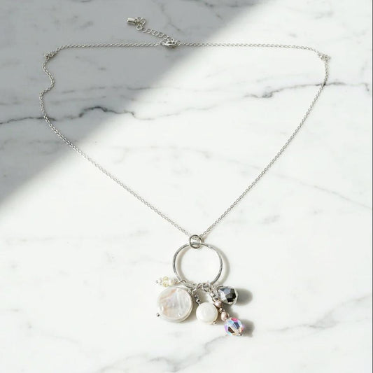 Silver Charm Necklace with Pearl and Crystal Pendants