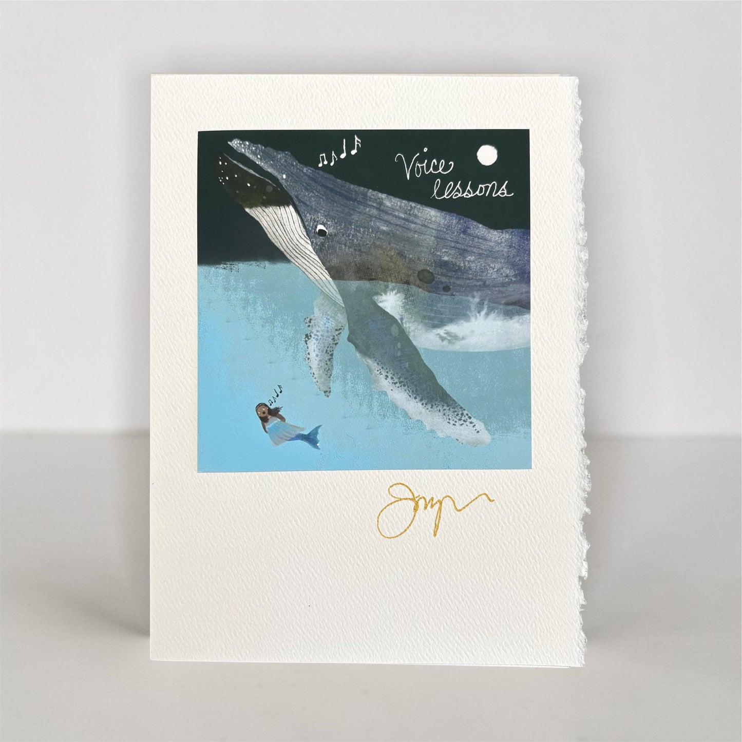 Whale and mermaid art greeting card with ocean scene and handwritten 'Voice lessons' text