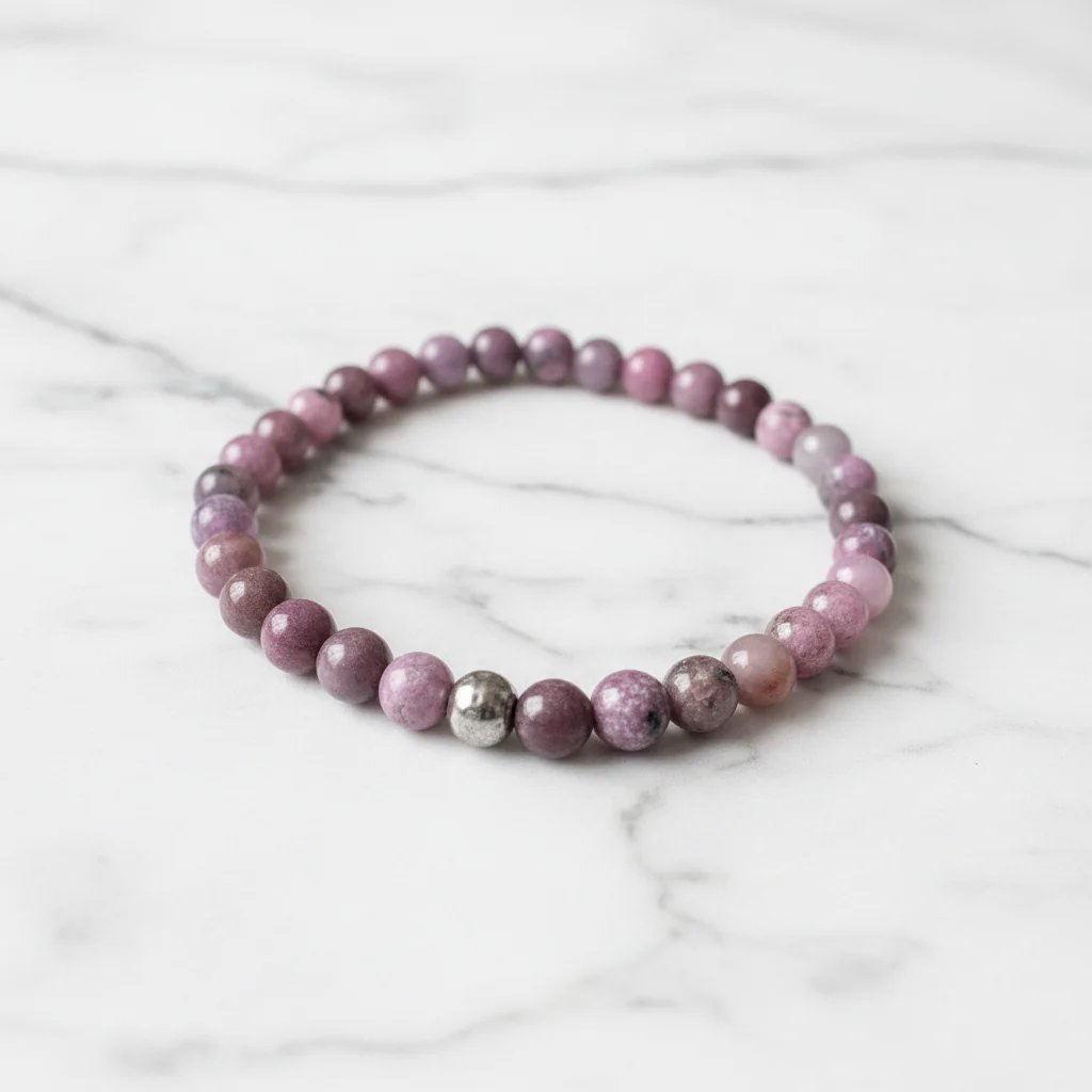 Pink gemstone stretch bracelet on marble surface