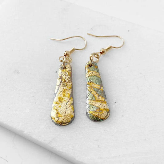 Handcrafted polymer clay earrings in gold and green tones with shimmer finish. Elegant and affordable gift option.