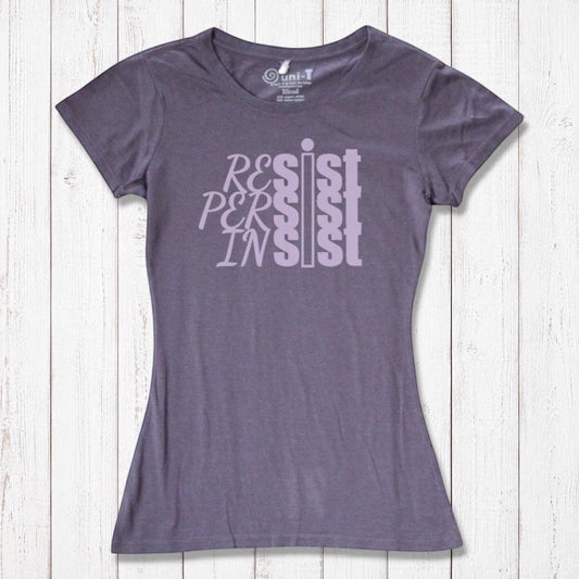 Feminist empowerment tee in plum purple featuring 'Resist Persist Insist' text. Sustainable bamboo & organic cotton by Uni-T.