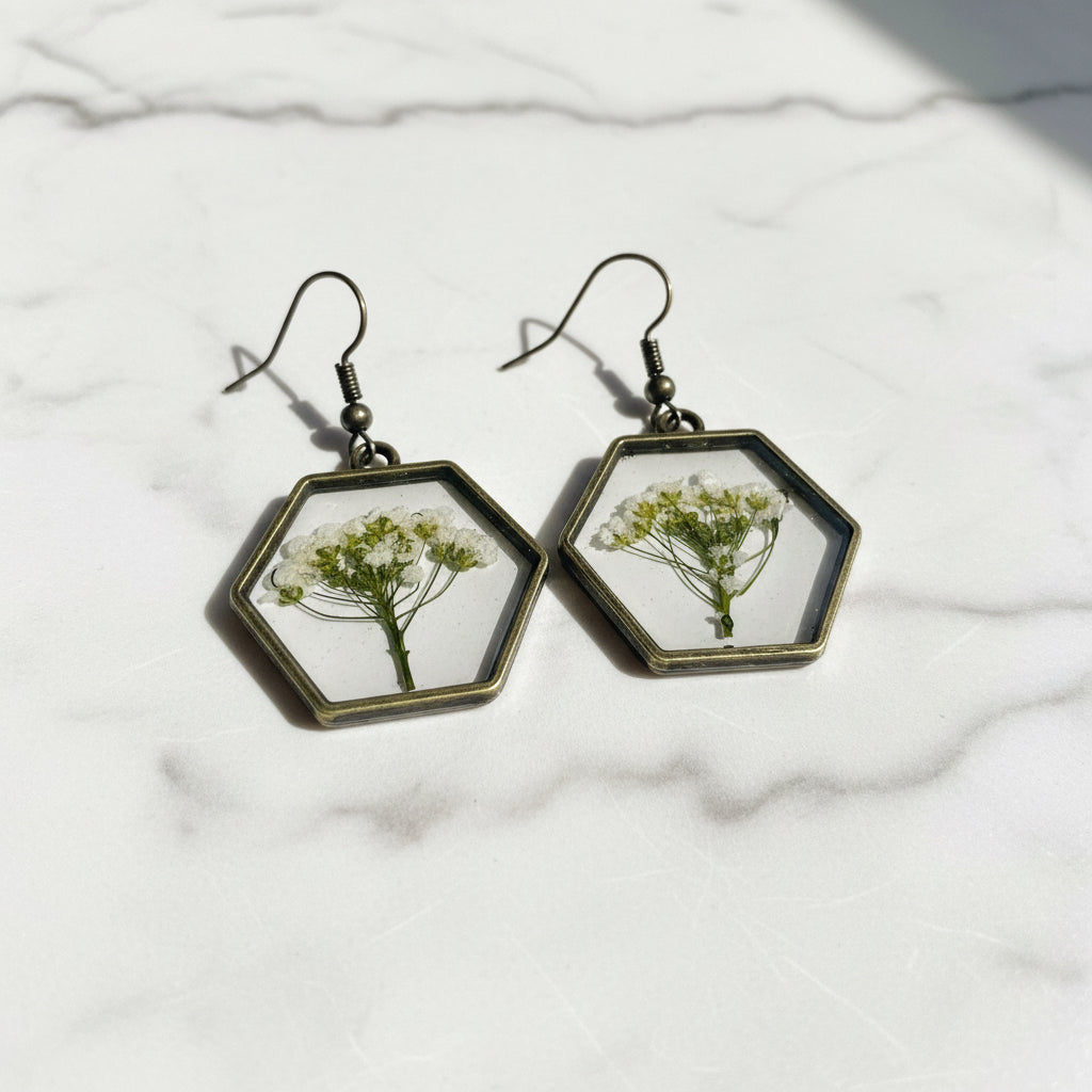 Pressed flower earrings with hexagon frame