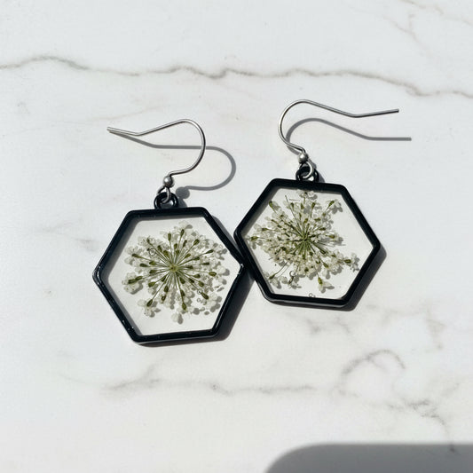 Dangle earrings with pressed flowers in hexagon frame