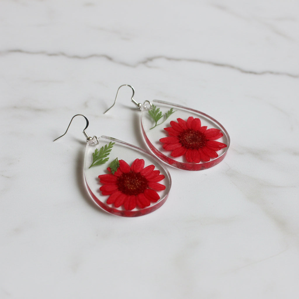 Red/Pink teardrop pressed flower earrings with real flowers and green leaves