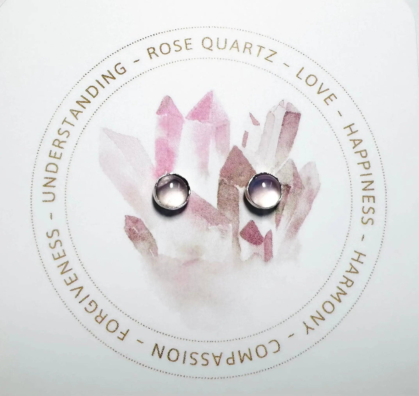 Rose Quartz 5mm earrings on floral display card