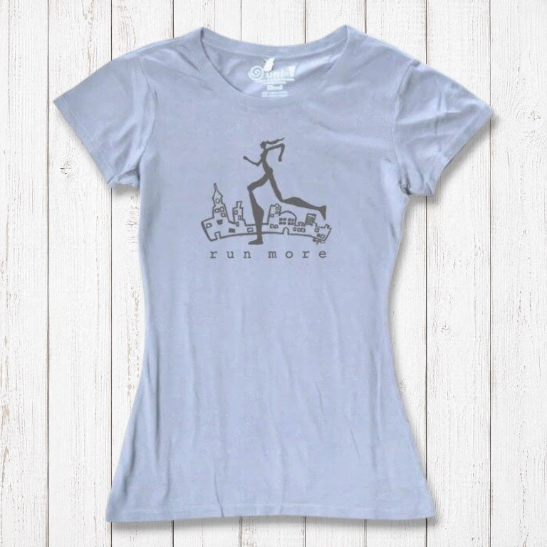 Light blue women's sustainable running t-shirt with dark 'Run More' print, made from bamboo and organic cotton for eco-conscious athletes.