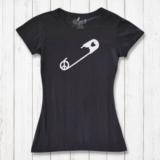 Black Women's Peace & Love T-Shirt laid flat with white safety pin and heart graphic. Organic cotton blend tee for social justice advocates.