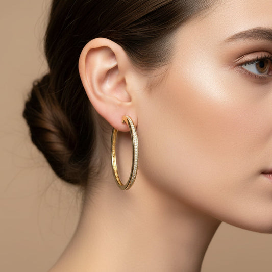 Model wearing Gold Filled CZ Encrusted Hoop Earrings