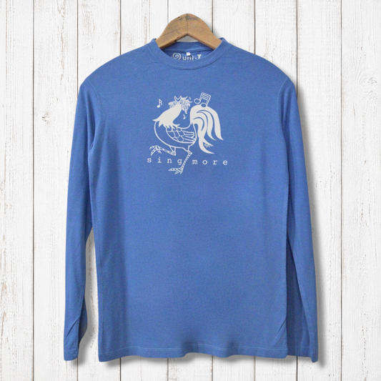 Blue bamboo and organic cotton men's long sleeve T-shirt featuring a chicken graphic and 'Sing More' text. Sustainable and stylish casual wear.