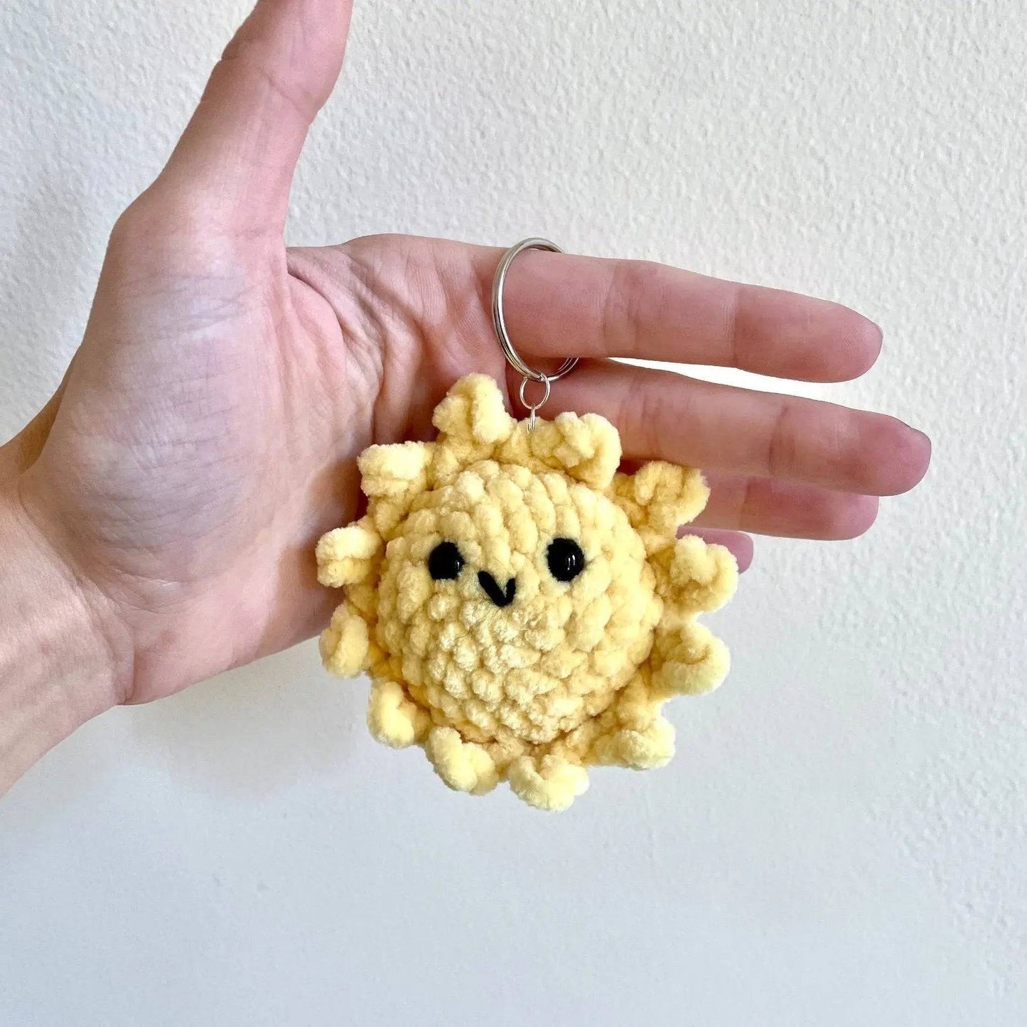 Sun Keychain - Soft Keychain made from yellow chenille yarn with a cute face, 4 inch size, ideal for small gifts or bag accessories.