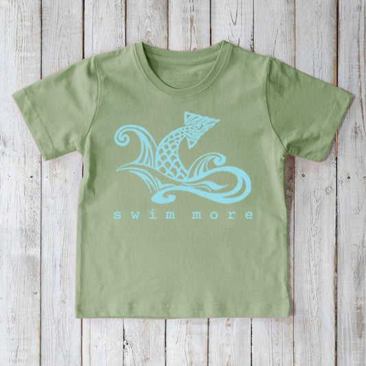 Kids' Swim Organic Cotton T-Shirt in light green with blue swimmer graphic and 'swim more' text, sustainable water sports tee for children by Uni-T.