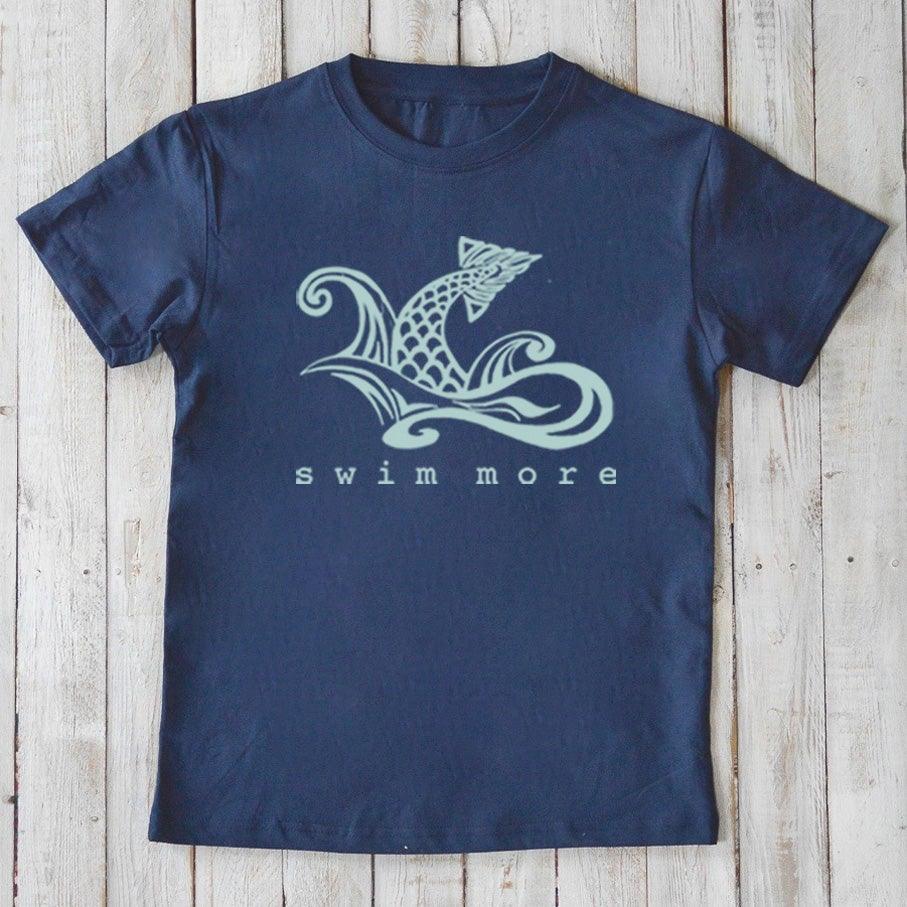 Navy blue Kids' Swim Organic Cotton T-Shirt with mint swimmer graphic and 'swim more' text, eco-friendly water sports shirt by Uni-T.
