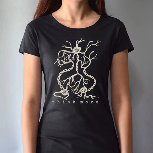 Women's Neuron T-Shirt in black bamboo & organic cotton with 'Think More' brain synapse graphic, ideal educational gift for science lovers.