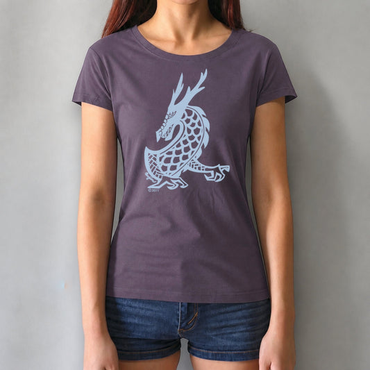Model wearing Women's Dragon T-Shirt in dark purple bamboo & organic cotton, showcasing Uni-T's fantasy art graphic of a majestic dragon.