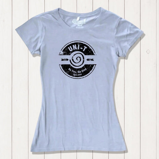 Light blue bamboo & organic cotton women's kindness T-shirt with Uni-T's 'Be You Be Kind' message. Soft, breathable, and sustainable gift idea.