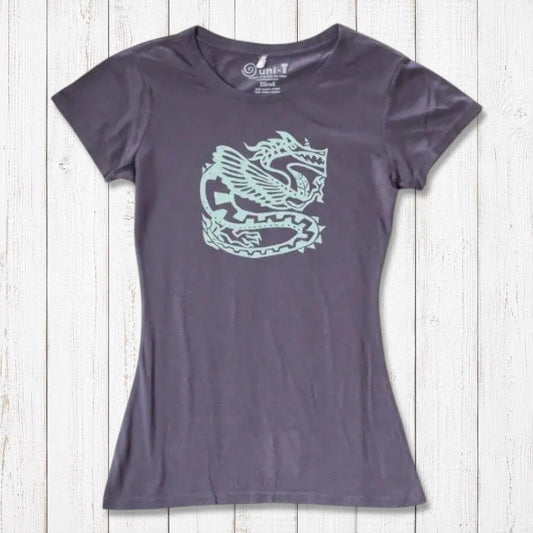 Dark purple women's dragon T-shirt made from bamboo & organic cotton, featuring a mint green fantasy dragon illustration.