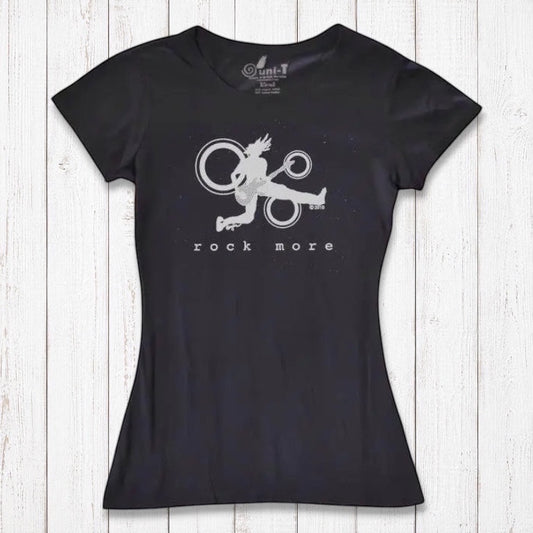Black bamboo blend women's t-shirt featuring white 'Rock More' guitar graphic, ideal sustainable gift for rock fans.