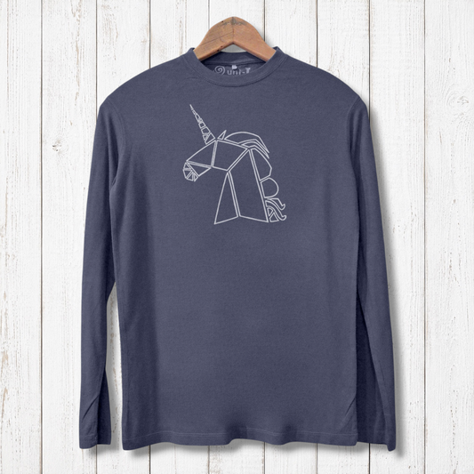 Eco-friendly Unicorn Long Sleeve Tee - Men's in charcoal gray, crafted from bamboo and organic cotton with a geometric unicorn print.