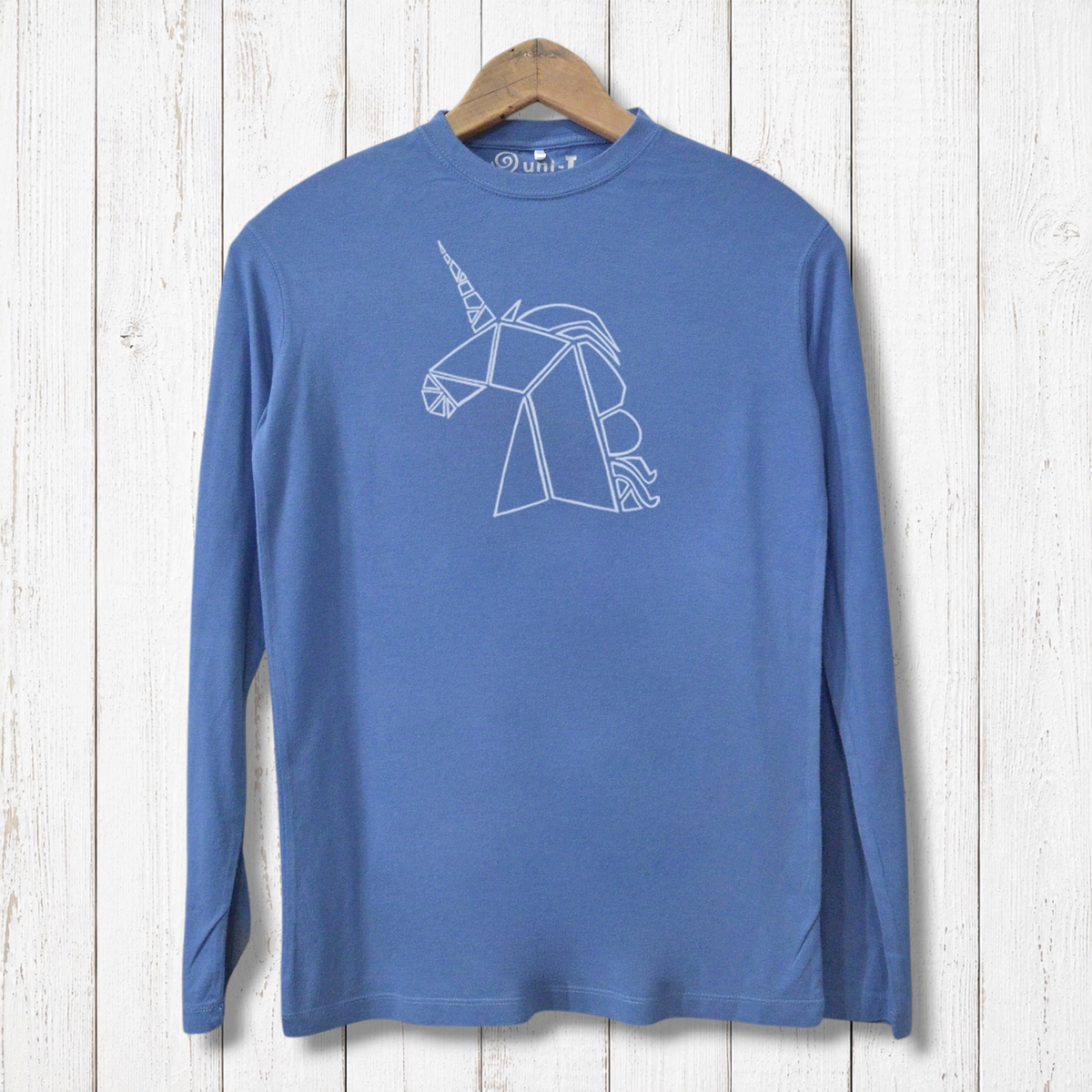 Men's Unicorn Long Sleeve Tee in denim blue, featuring a sleek unicorn line art on soft bamboo and organic cotton fabric. Sustainable and artistic.