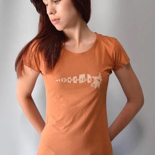 Rust orange bamboo cotton women's vegetarian T-shirt with white 'Plant Power' carrot design. Sustainable and stylish gift for healthy living.
