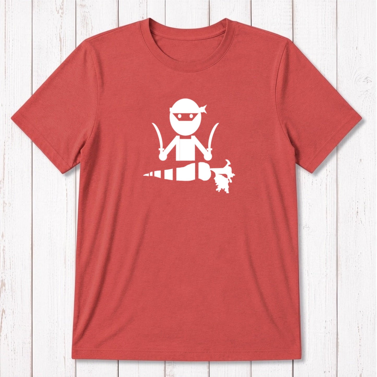 Red men's vegan T-shirt in bamboo and organic cotton with white 'Veggie Ninja' graphic, humorous and eco-friendly gift for vegetarians.