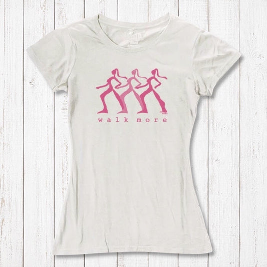 Women's Walking T-Shirt in Bamboo & Organic Cotton in off-white with pink 'Walk More' graphic. Sustainable fitness tee for hikers and walkers.