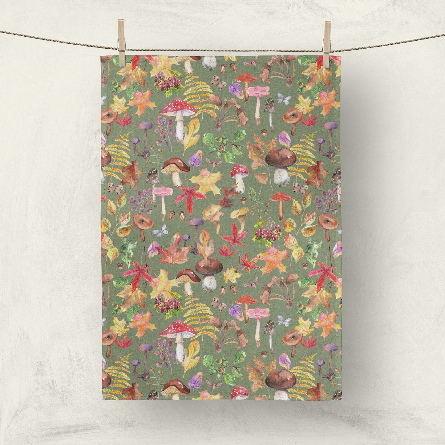 Watercolor Mushrooms Tea Towel - cream - cotton-linen kitchen towel