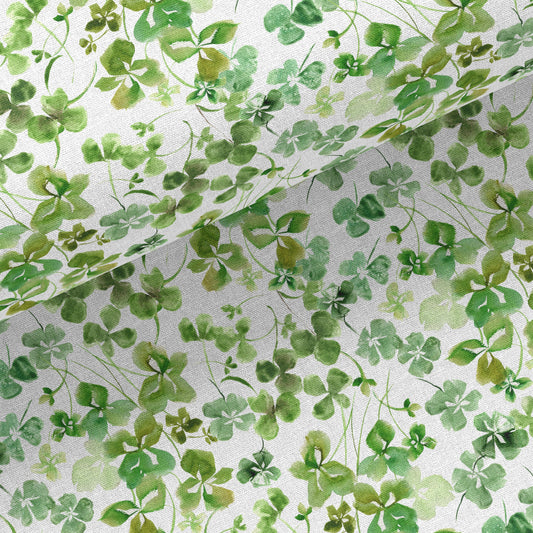 Close-up of watercolor shamrock fabric detail on kitchen towel