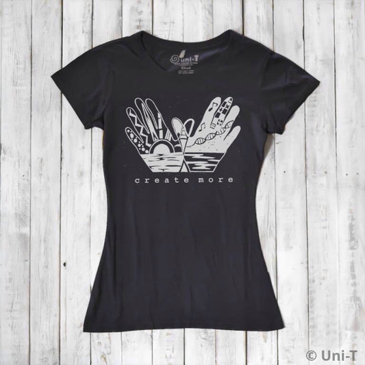 Black Women's Bamboo & Organic Cotton Graphic Tee with 'Create More' hand illustration by Uni-T. Sustainable and artistic fashion top for creatives.