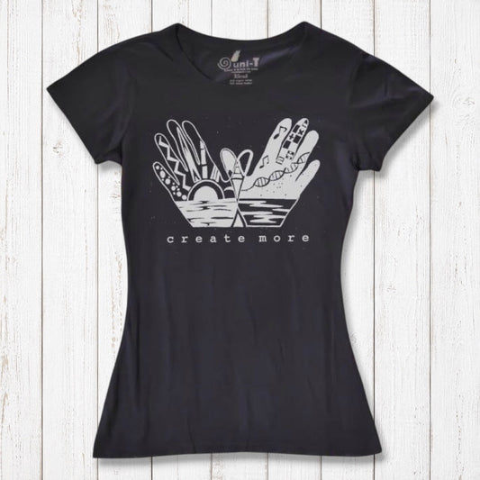 Black Women's Bamboo & Organic Cotton Graphic Tee with 'Create More' hand illustration by Uni-T. Sustainable and artistic fashion top for creatives.