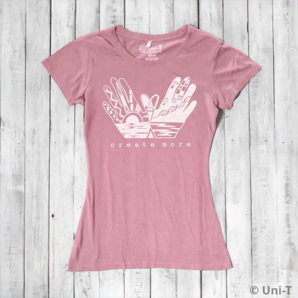 Dusty pink Women's Artistic Graphic Tee in Bamboo & Organic Cotton with 'Create More' design. Soft, sustainable, and perfect for creative spirits.