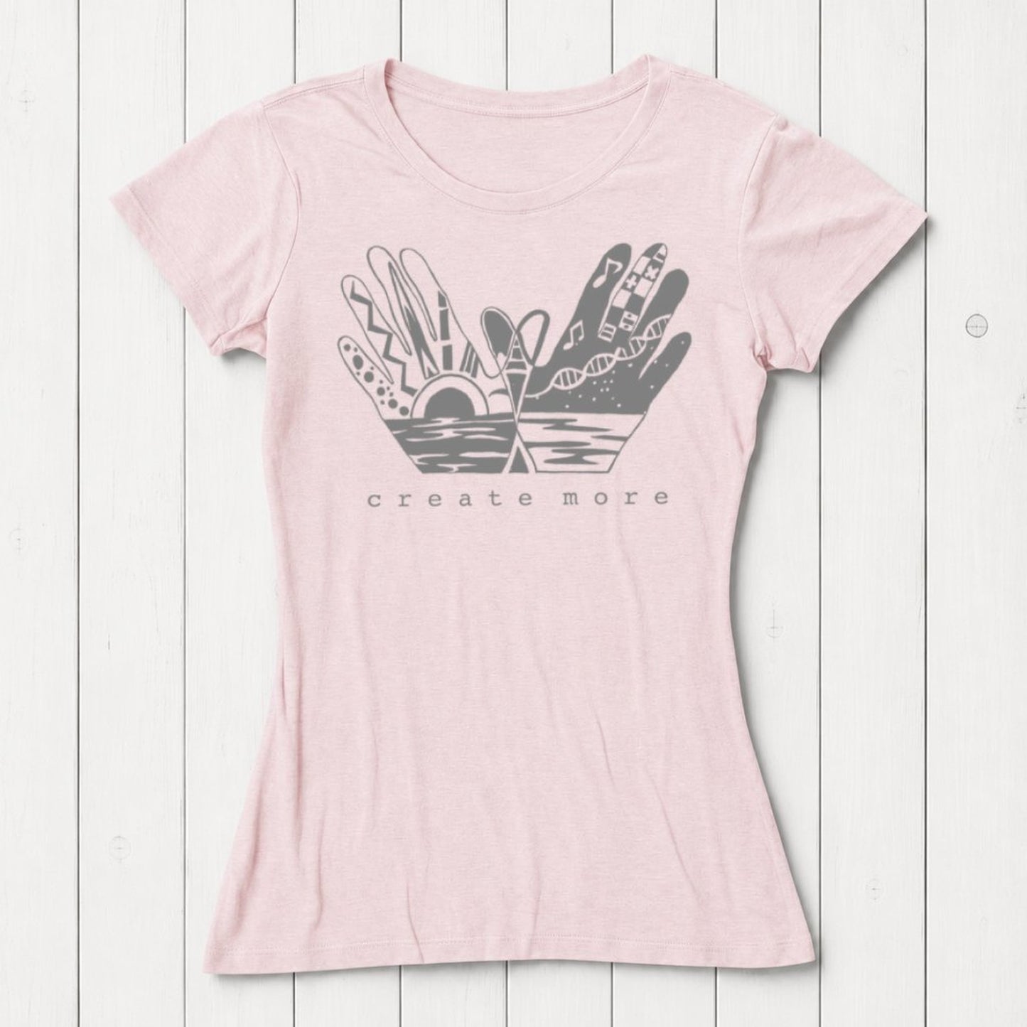 Dusty pink Women's Artistic Graphic Tee in Bamboo & Organic Cotton with 'Create More' design. Soft, sustainable, and perfect for creative spirits.