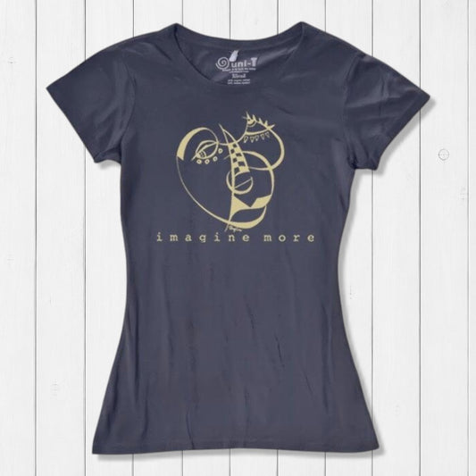 Women's Cubism Face T-Shirt in navy bamboo & organic cotton with gold abstract face design and 'imagine more' slogan. Sustainable graphic tee.