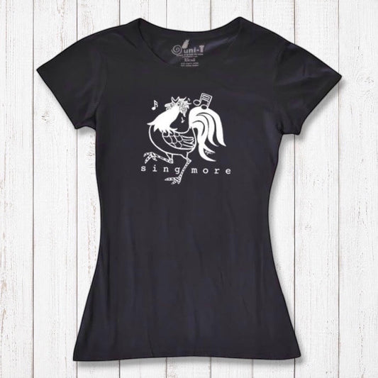 Black women's rooster graphic t-shirt with 'Sing More' text, made from bamboo and organic cotton, ideal for singers and musicians.