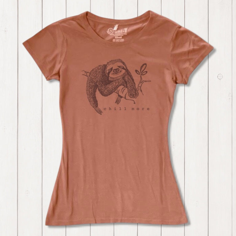 Terracotta women's sloth T-shirt in bamboo and organic cotton with 'Chill More' nature graphic. Sustainable casual wear by Uni-T.