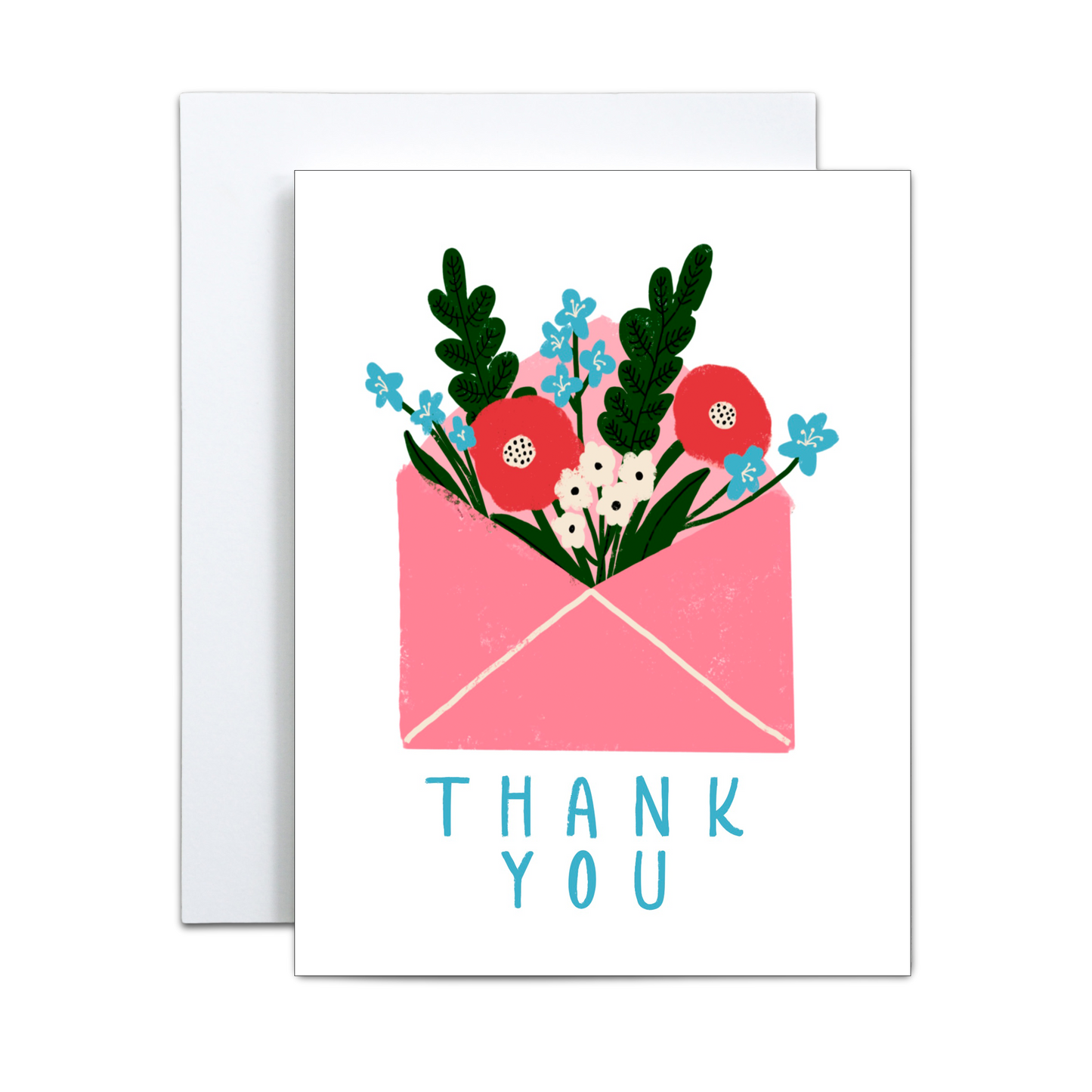The Copper & Print Handmade Thank You Greeting Card features a pink envelope with colorful flowers and green leaves, "THANK YOU" in blue capitals below, and comes with an additional blank card partially visible behind.