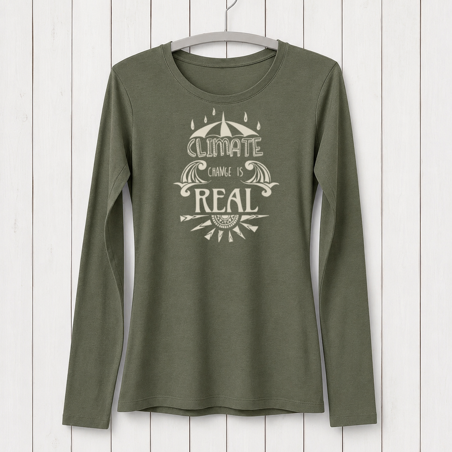 Olive green women's long sleeve T-shirt with eco-conscious graphic design promoting climate change awareness, made from bamboo and organic cotton, SKU: WLSXSNAV