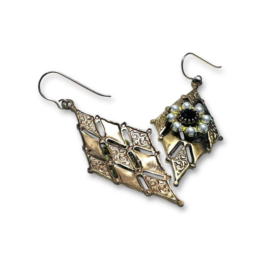 Brass Filigree Crystal Drop Earrings***