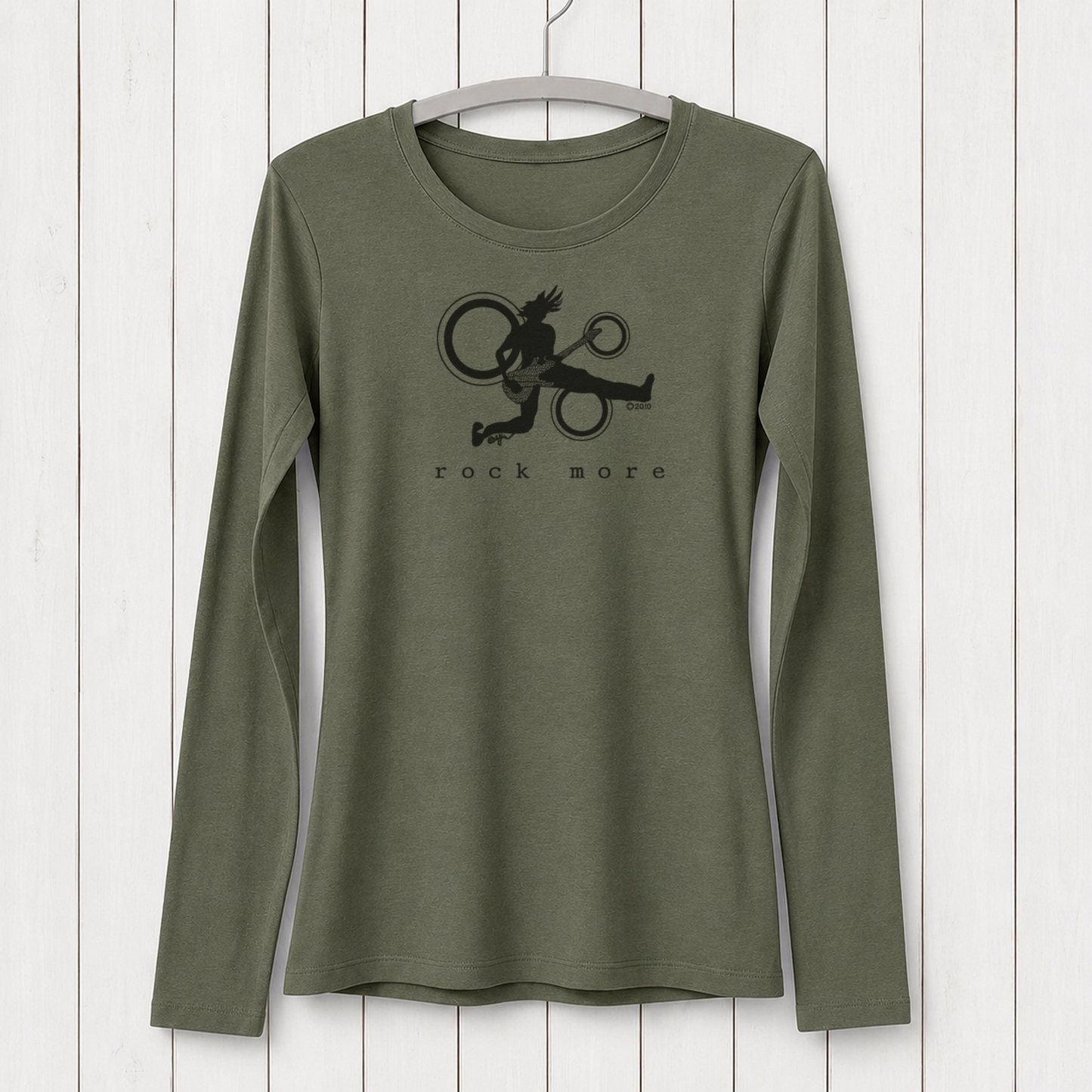 Olive green women's long sleeve T-shirt with a black graphic of a character playing guitar and circular design, casual style, made of bamboo and organic cotton, SKU: WLSXSNAV