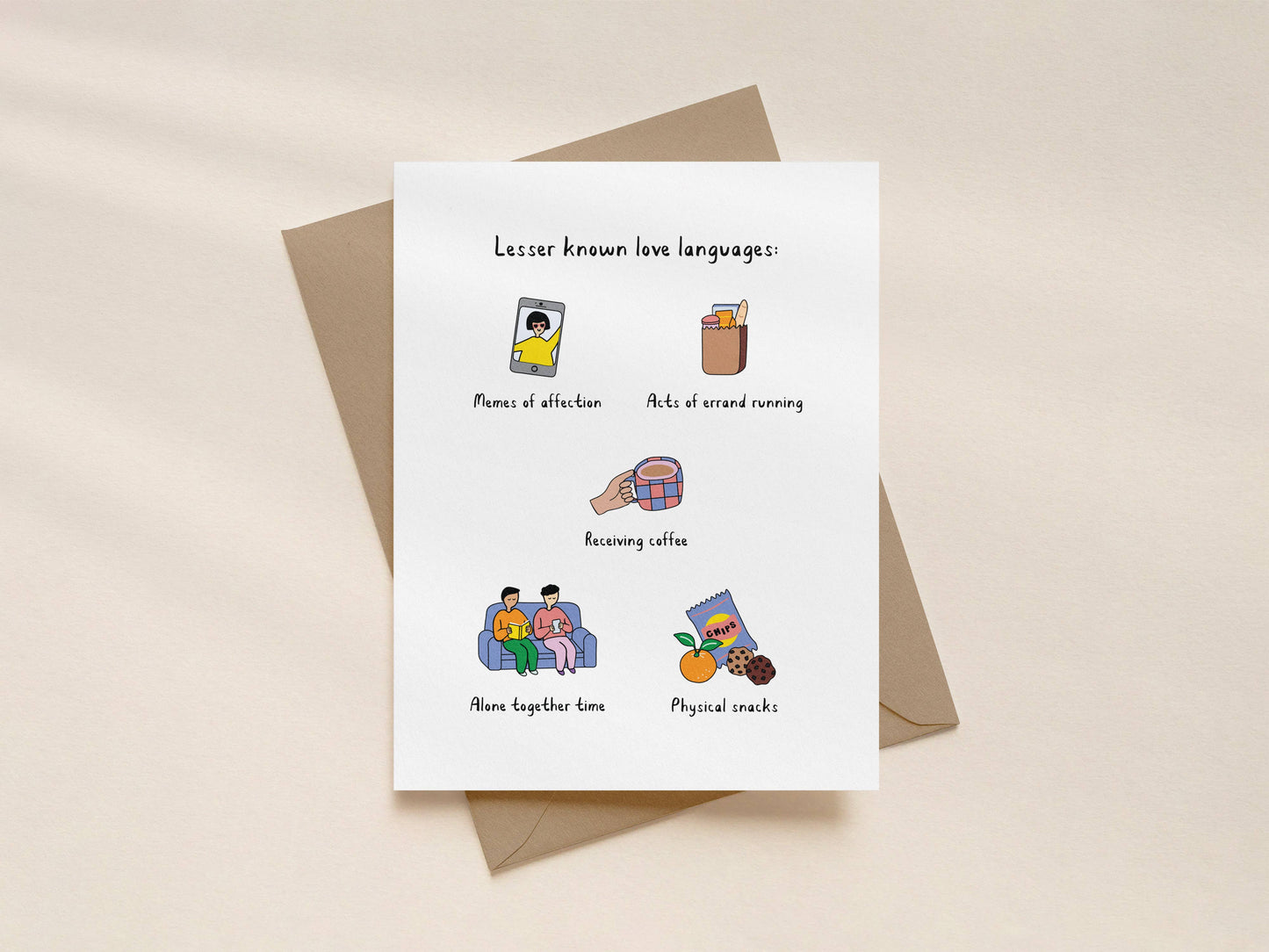Lesser Known Love Languages Valentine's Day Card with illustrations of a phone, snacks, coffee, and people