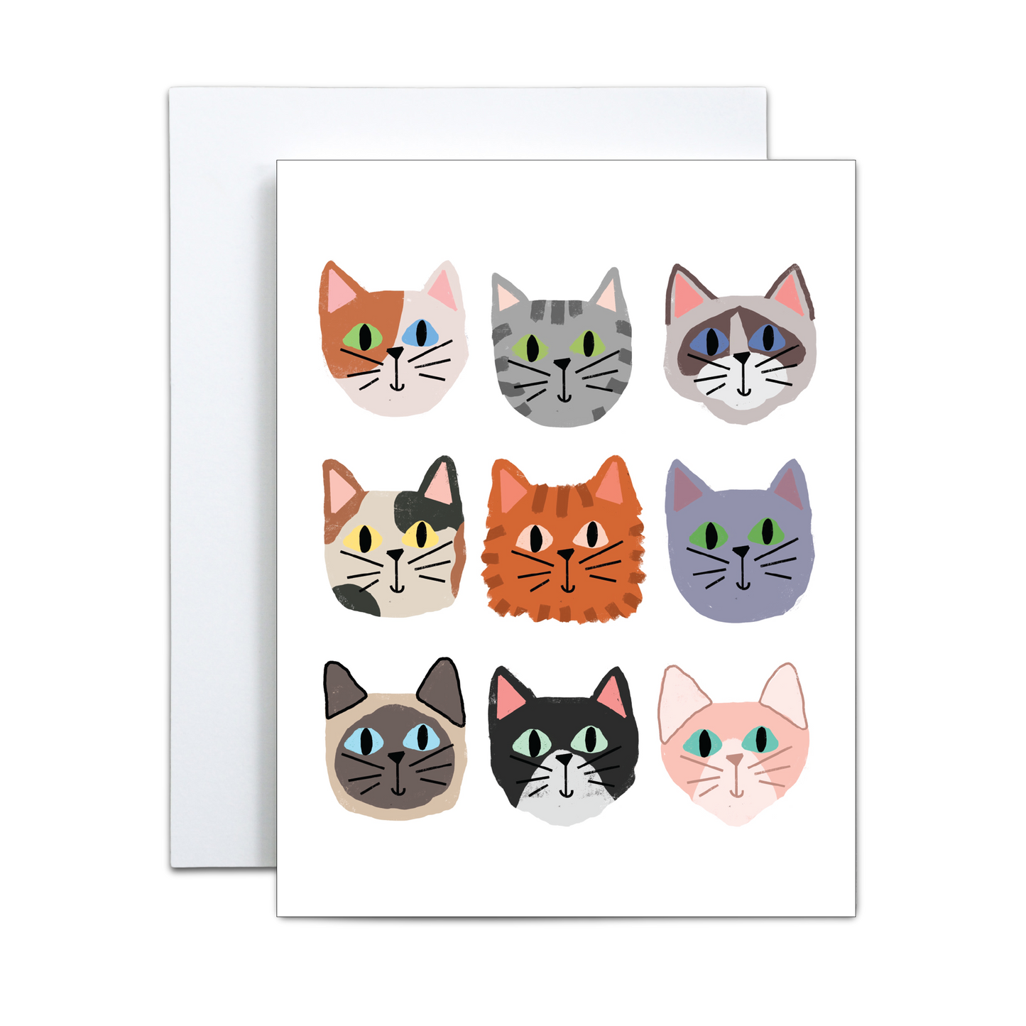 The Copper & Print Cat Greeting Card Handmade - Just Because Cats features nine uniquely illustrated cat faces on a white background—a charming handmade card for any occasion.