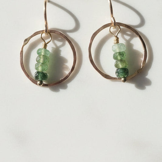 Dainty Emerald Earrings with green gemstone beads and textured gold hoops