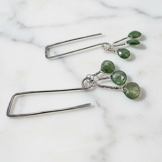 Silver drop earrings with green tourmaline gemstones