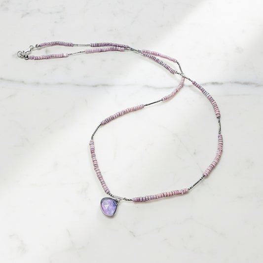 Pink and purple beaded necklace with silver accents