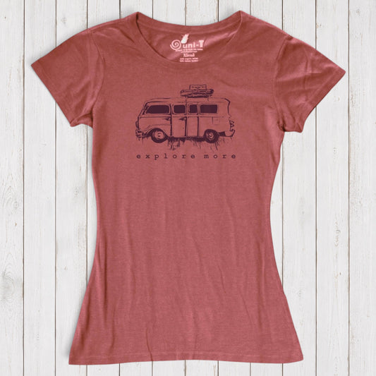 Eco-friendly Retro Van T-Shirt for Women in dusty rose, made from bamboo and organic cotton with 'Explore More' graphic print.