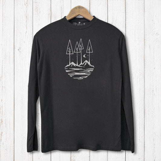 Uni-T black long sleeve bamboo t-shirt with a white hand-printed nature illustration of trees and mountains